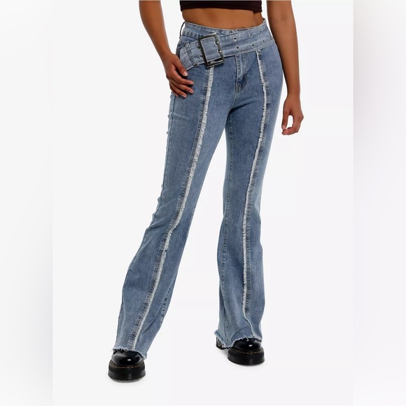 Hot Topic Denim - Light Indigo Raw Hem Front Frayed Seam Asymmetrical Belted Flare Jeans -NWT SZ 9